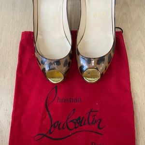 Christian Louboutin Brown Leopard Print Patent Leather Peep Toe Pumps Sz 38 1/2